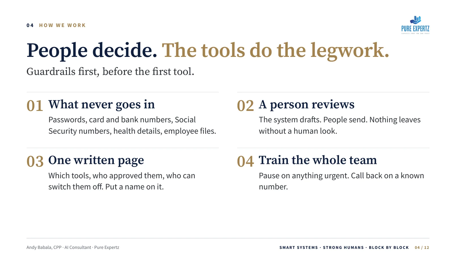 People decide. The tools do the legwork. Guardrails first: what never goes in, a person reviews, one written page, train the whole team.